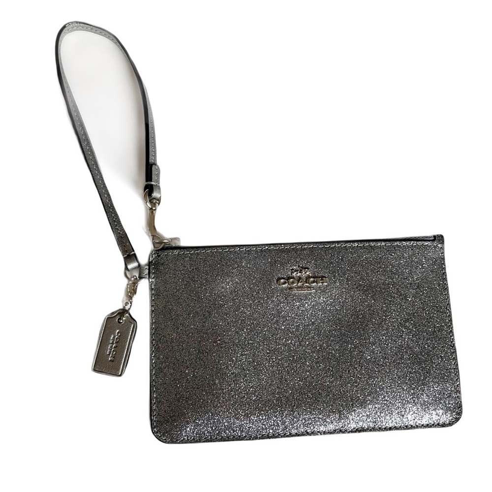 Coach Glitter Silver Wristlet Zip Top Going Out Bag Mini Wallet Pouch F64670